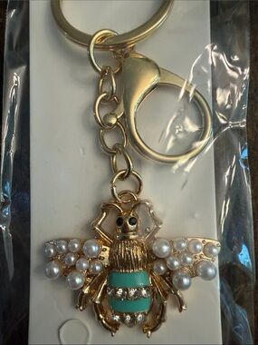 ItGirl Gold-tone Bee Keychain Charm with Pearl Accents and Teal Enamel Stripes